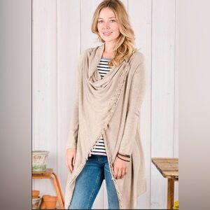 Matilda Jane Beige Come On Over Cardigan Size M Wrap Sweater Fringe Poncho